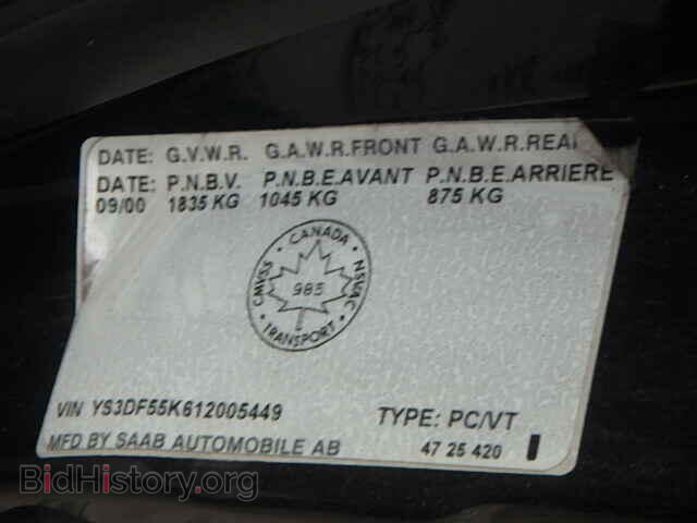 2001 SAAB 9 3 - VIN: YS3DF55K612005449 - Фото 9