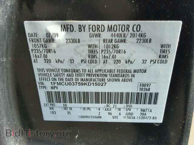 2009 FORD ESCAPE - VIN: 1FMCU03759KD15027 - Фото 9