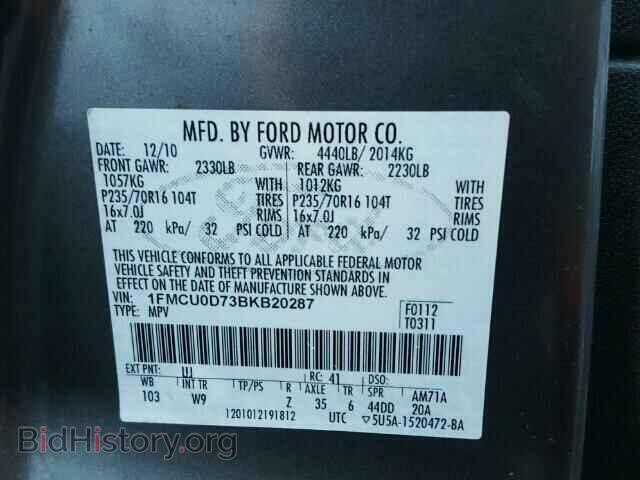 2011 FORD ESCAPE - VIN: 1FMCU0D73BKB20287 - Фото 10