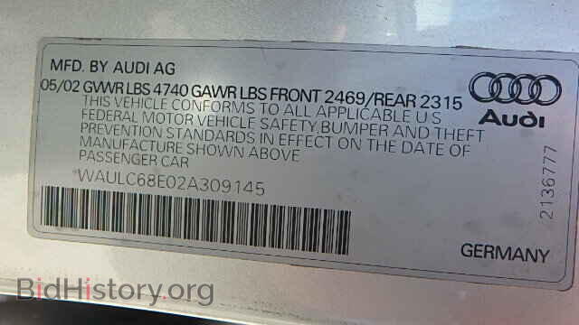 2002 AUDI A4 - VIN: WAULC68E02A309145 - Фото 9