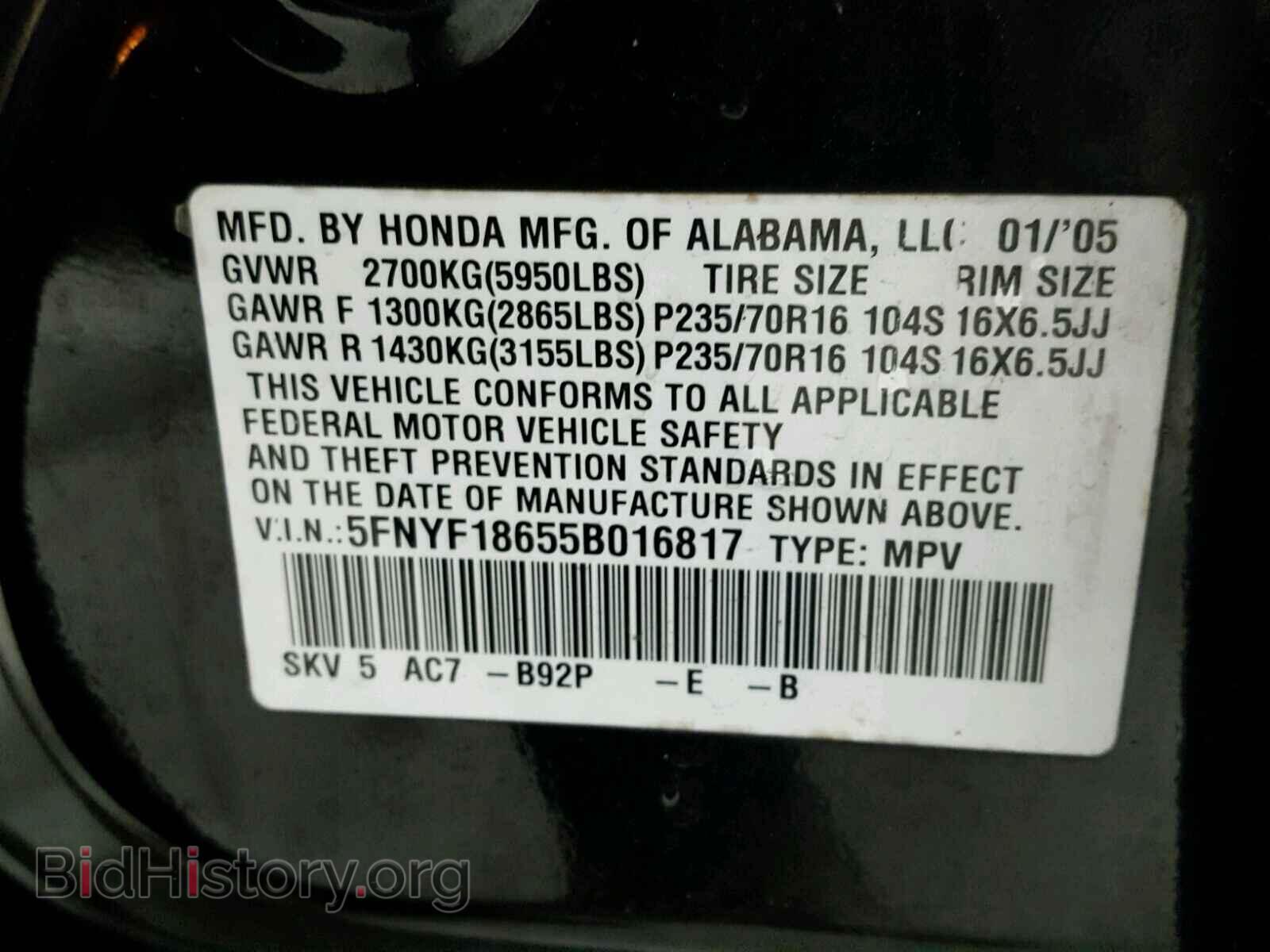 2005 HONDA PILOT - VIN: 5FNYF18655B016817 - Photo 10