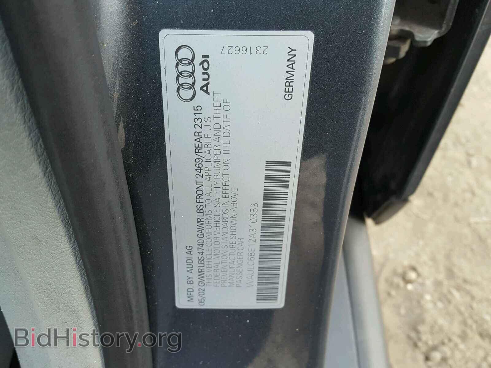 2002 AUDI A4 - VIN: WAULC68E12A310353 - Фото 10