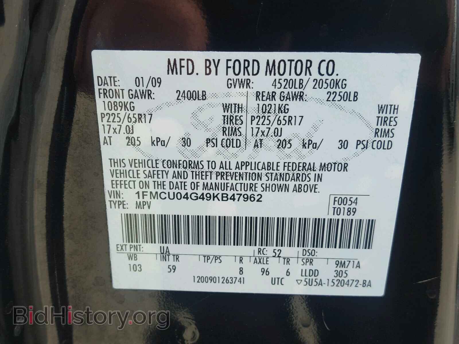 2009 FORD ESCAPE - VIN: 1FMCU04G49KB47962 - Фото 10