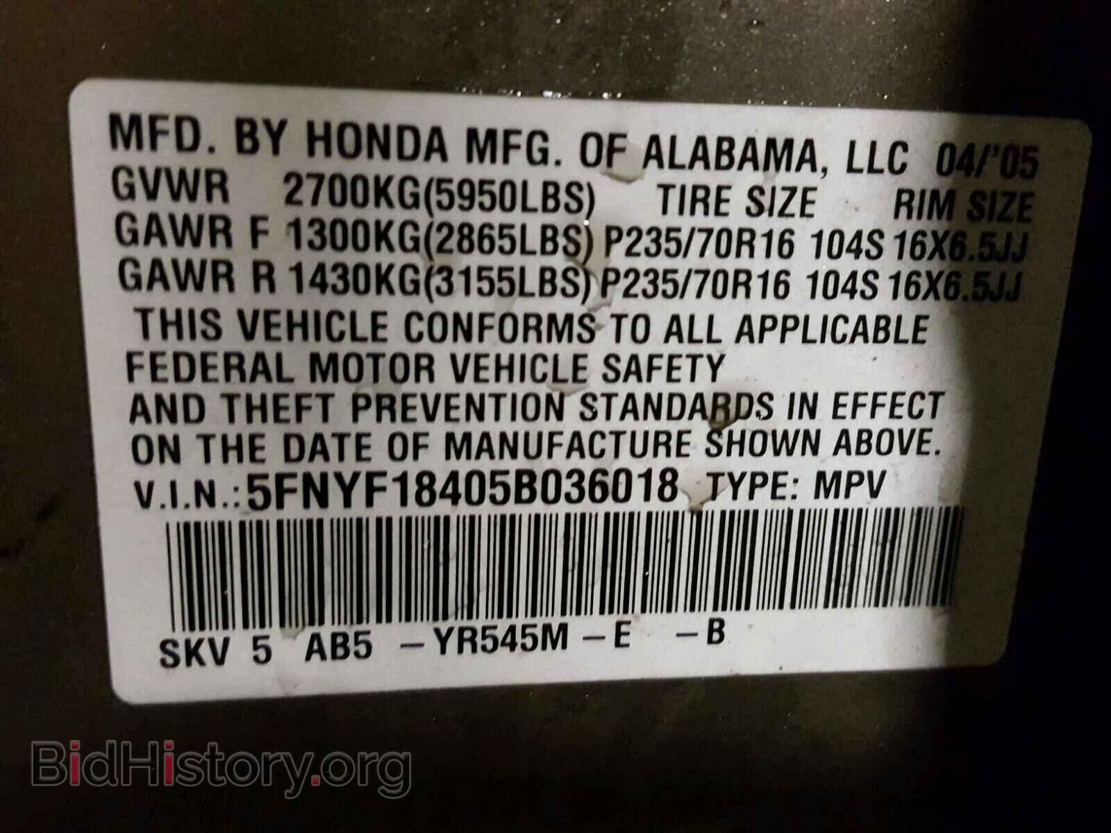 2005 HONDA PILOT - VIN: 5FNYF18405B036018 - Photo 10