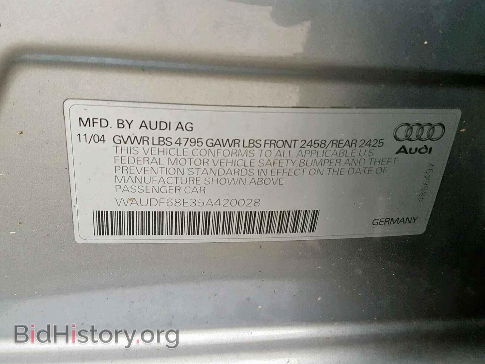 2005 AUDI A4 - VIN: WAUDF68E35A420028 - Фото 10