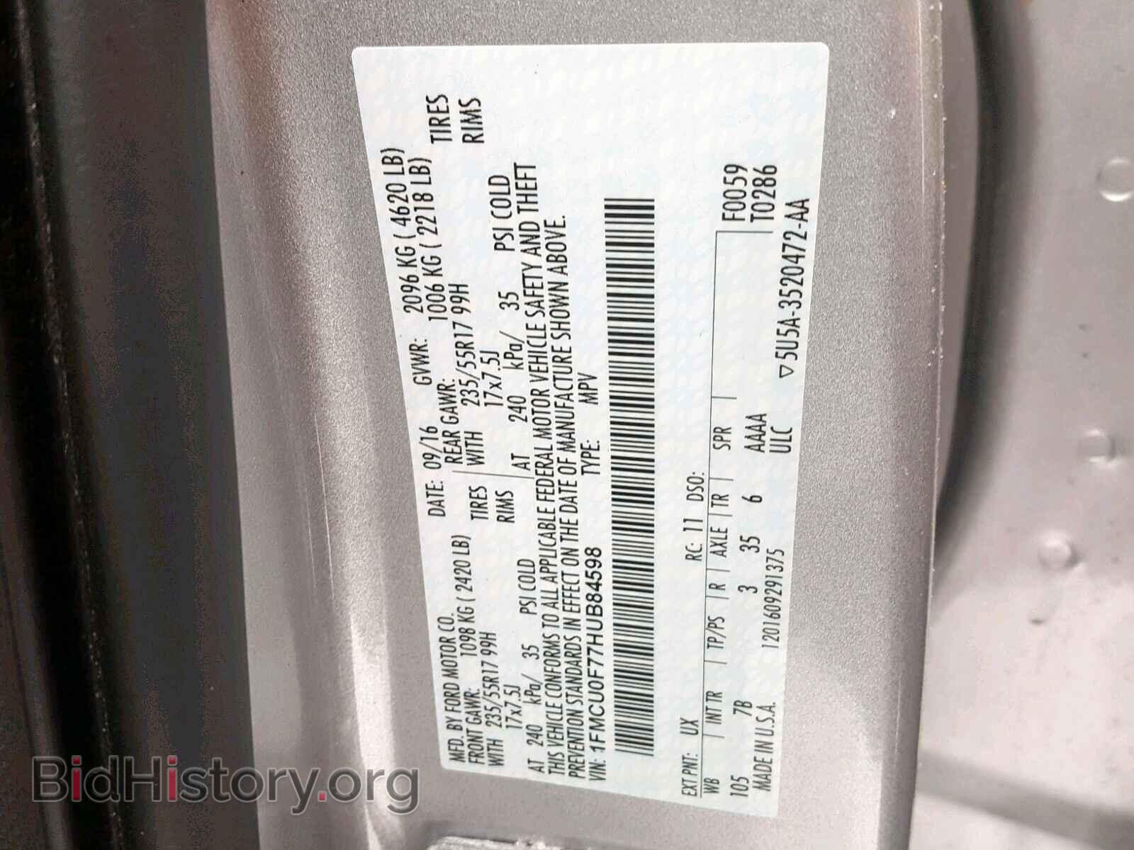 2017 FORD ESCAPE S - VIN: 1FMCU0F77HUB84598 - Фото 10