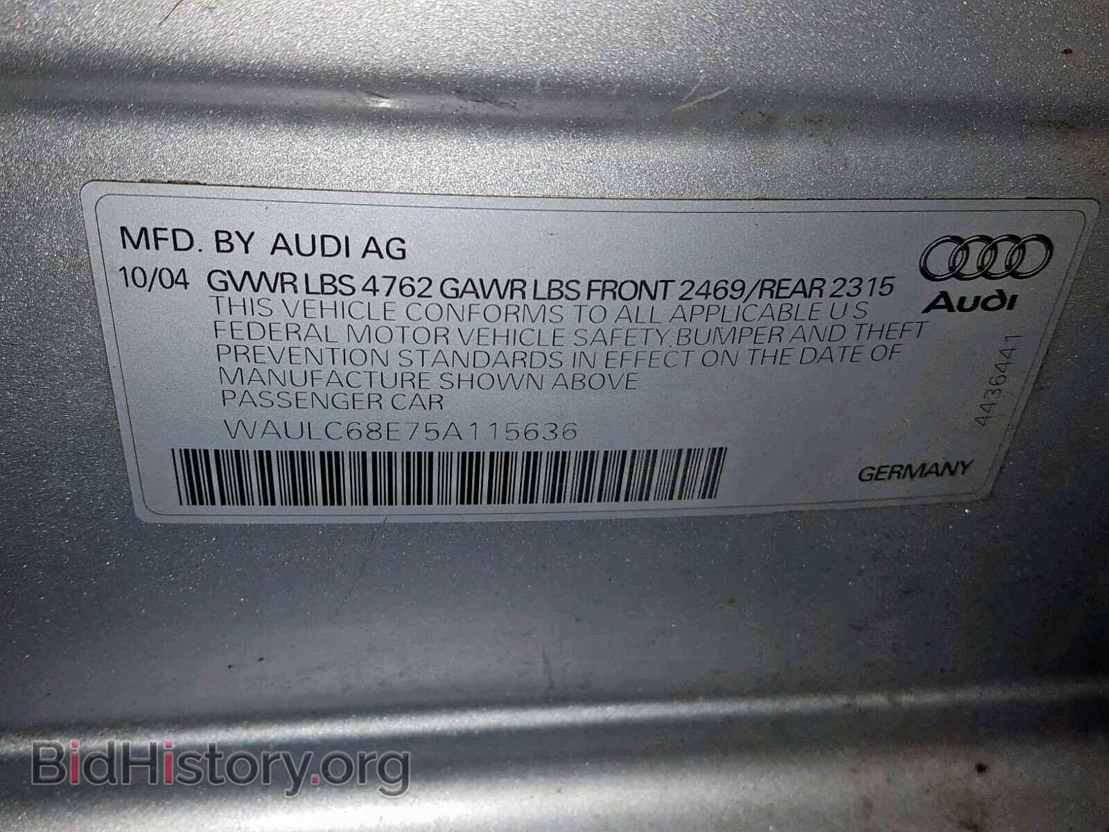 2005 AUDI A4 - VIN: WAULC68E75A115636 - Фото 10