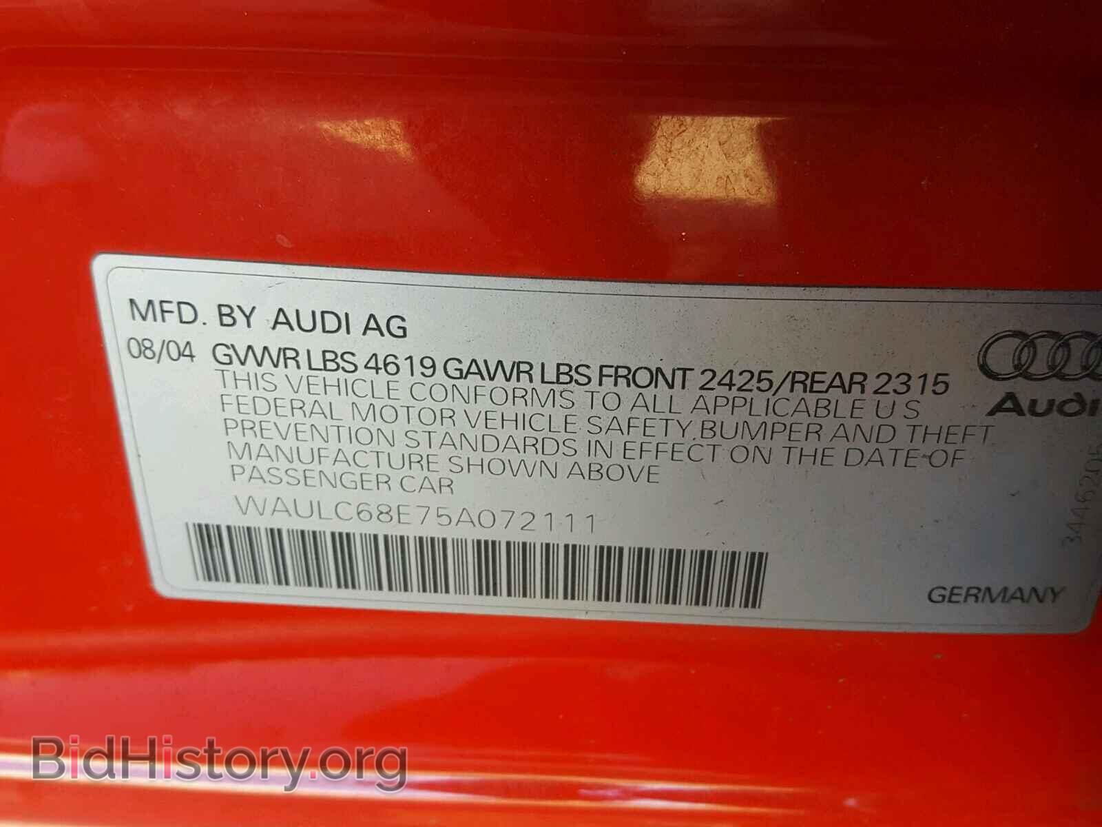 2005 AUDI A4 - VIN: WAULC68E75A072111 - Фото 10