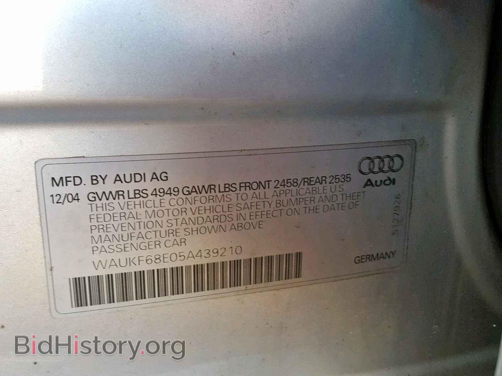 2005 AUDI A4 - VIN: WAUKF68E05A439210 - Фото 10