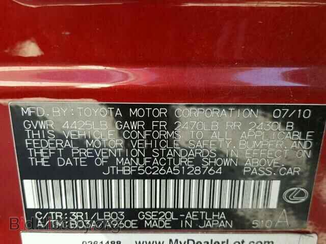 2010 LEXUS IS250 - VIN: JTHBF5C26A5128764 - Фото 10
