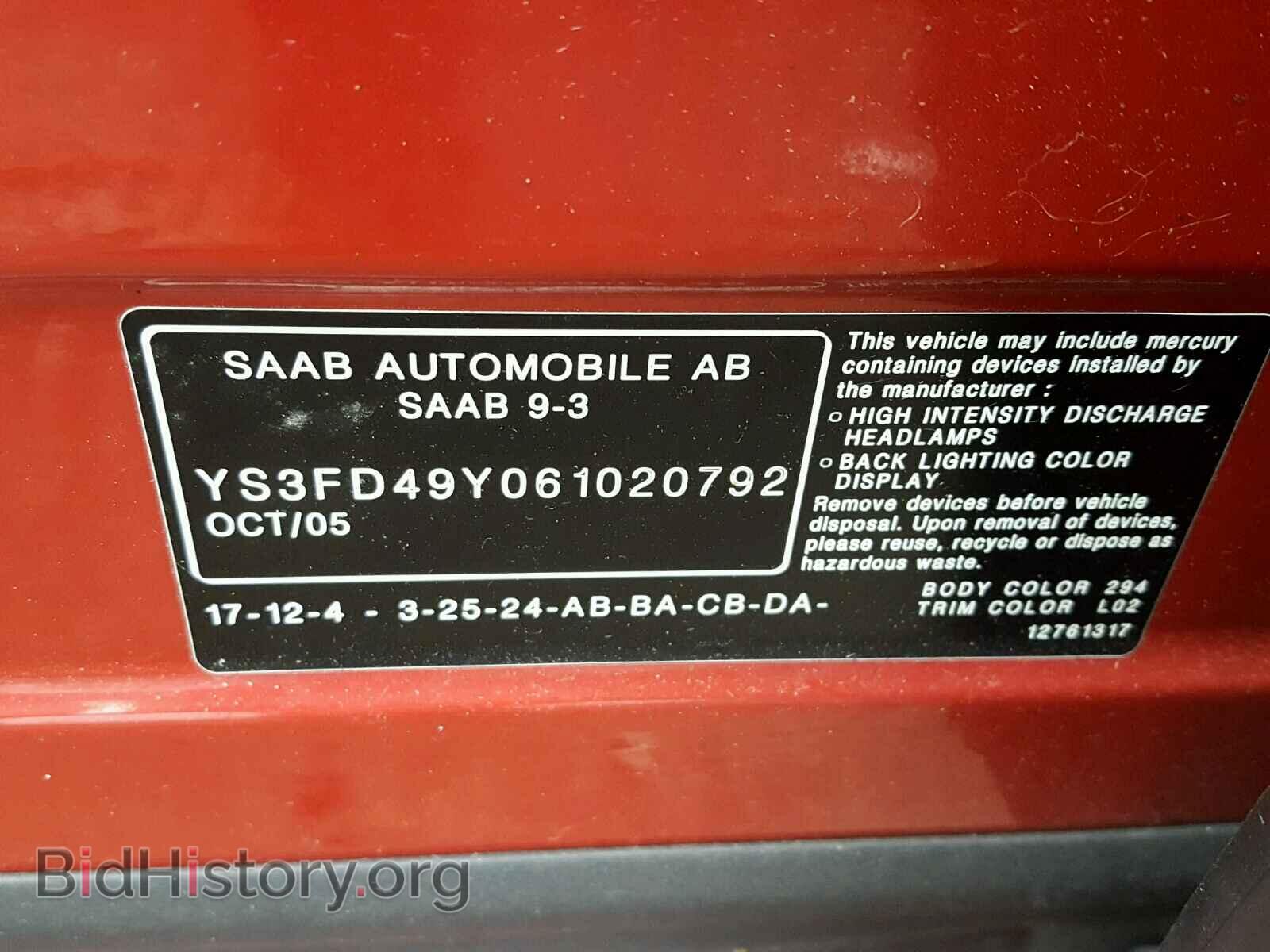 2006 SAAB 9-3 BASE - VIN: YS3FD49Y061020792 - Фото 10