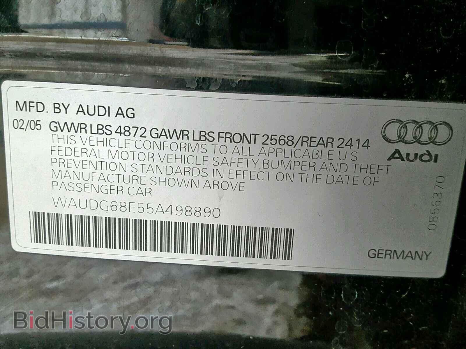 2005 AUDI A4 - VIN: WAUDG68E55A498890 - Фото 10