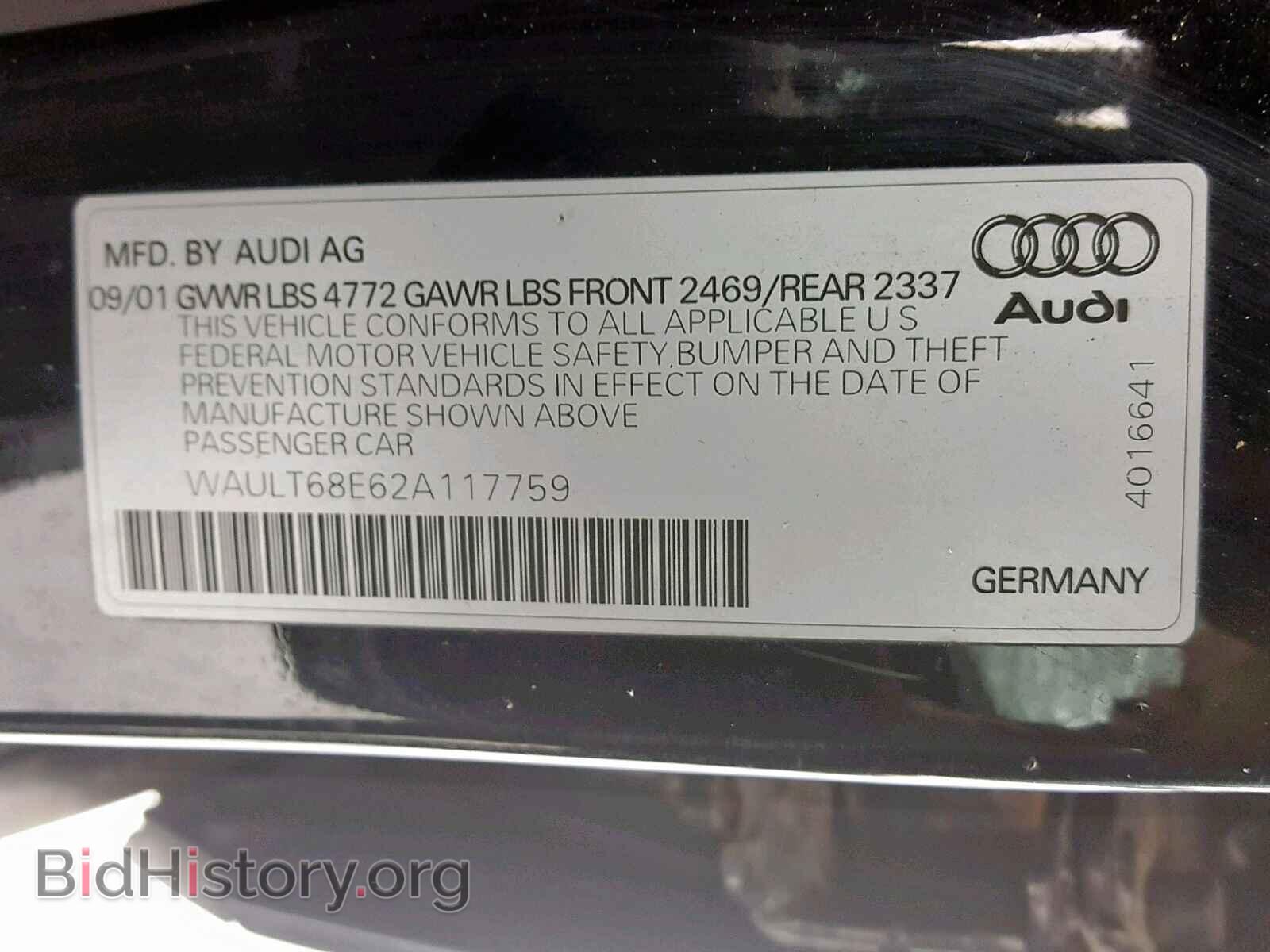 2002 AUDI A4 - VIN: WAULT68E62A117759 - Фото 10
