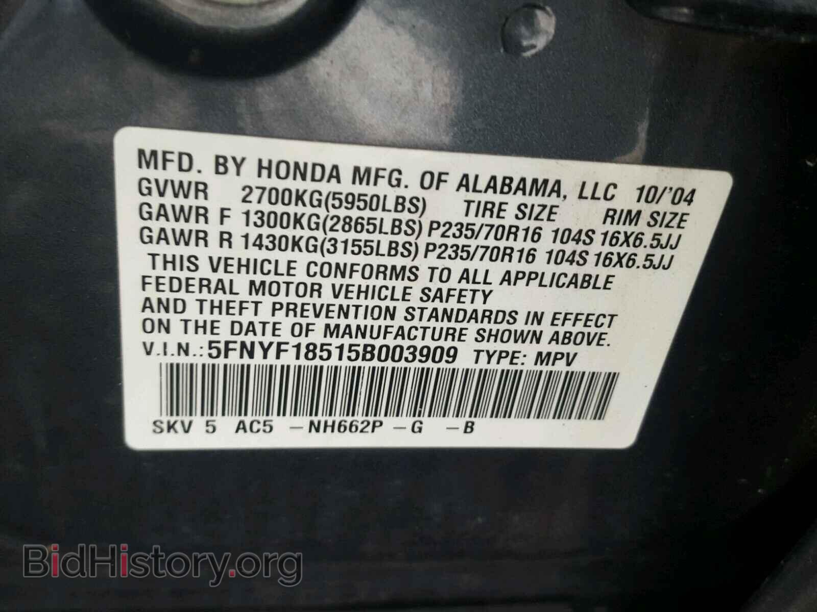 2005 HONDA PILOT - VIN: 5FNYF18515B003909 - Фото 10