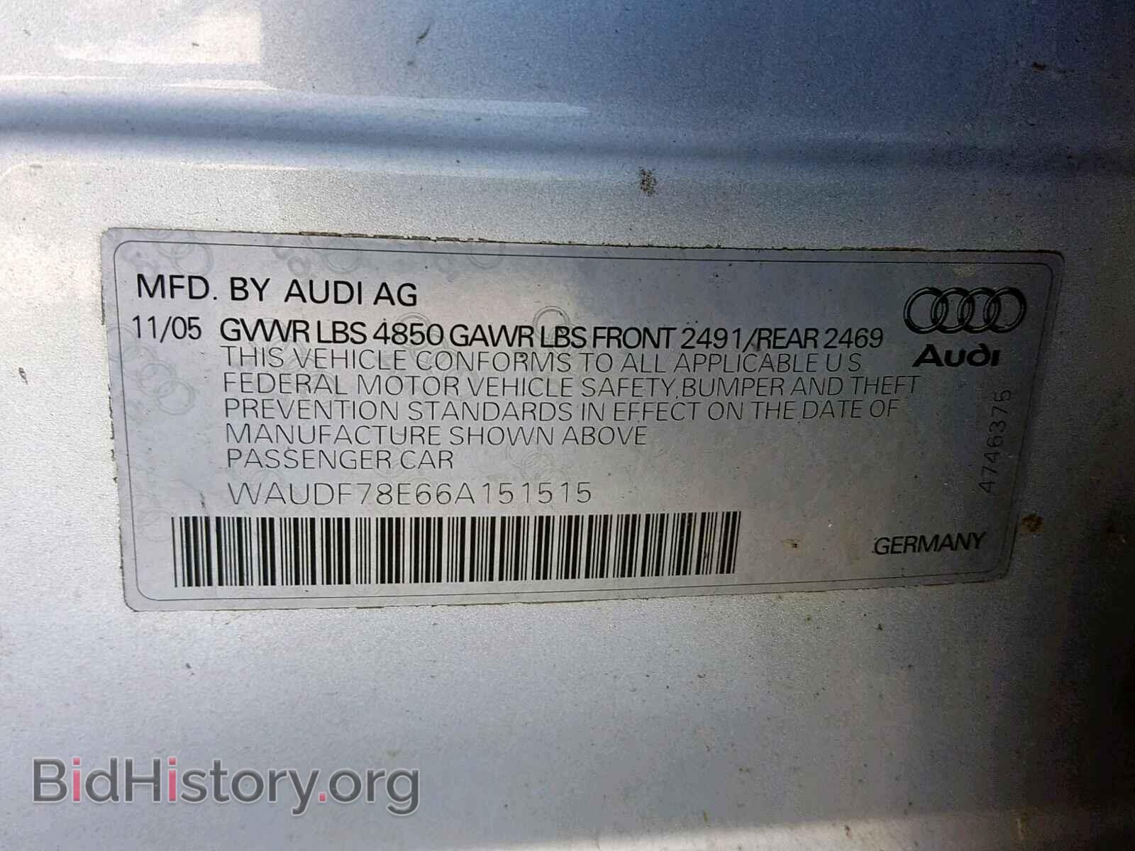 2006 AUDI A4 - VIN: WAUDF78E66A151515 - Фото 10