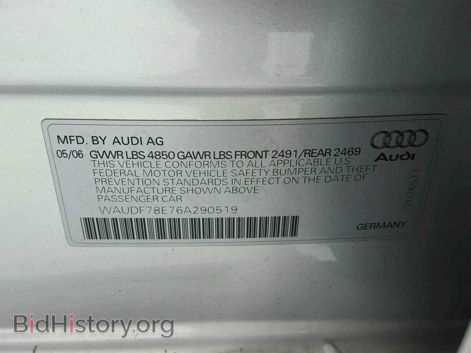 2006 AUDI A4 - VIN: WAUDF78E76A290519 - Фото 10