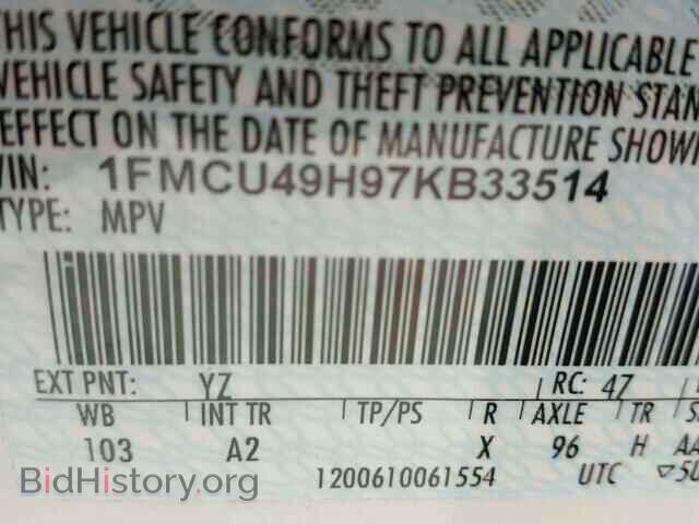 2007 FORD ESCAPE - VIN: 1FMCU49H97KB33514 - Фото 10