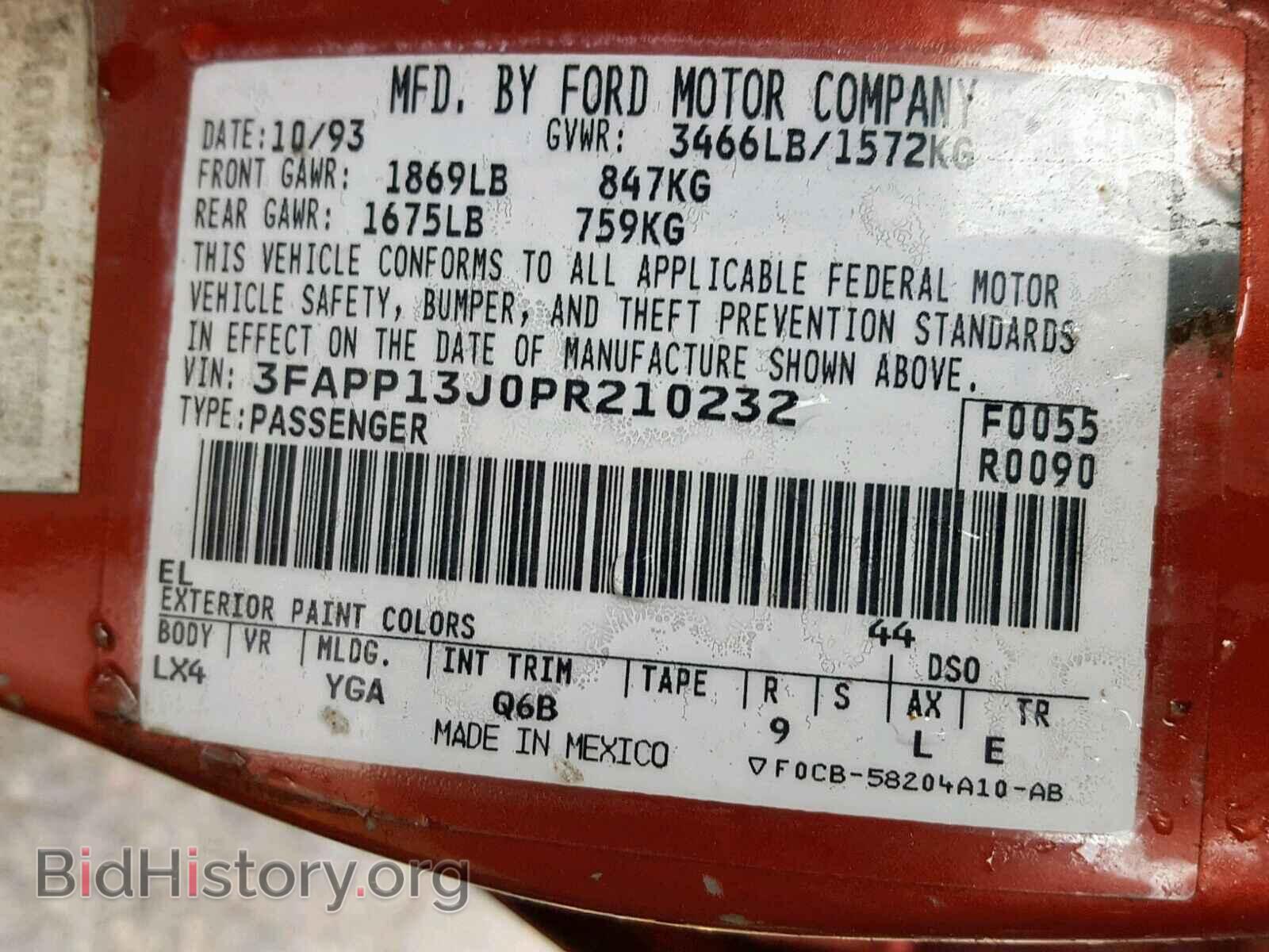 1993 FORD ESCORT - VIN: 3FAPP13J0PR210232 - Фото 10