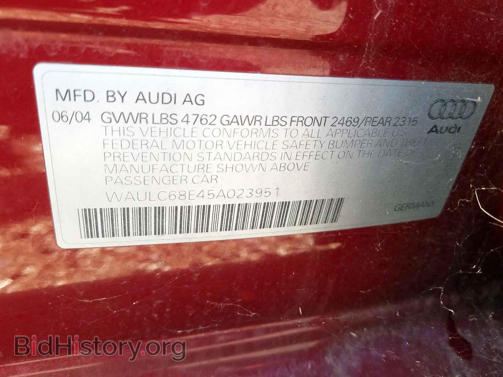 2005 AUDI A4 - VIN: WAULC68E45A023951 - Фото 10