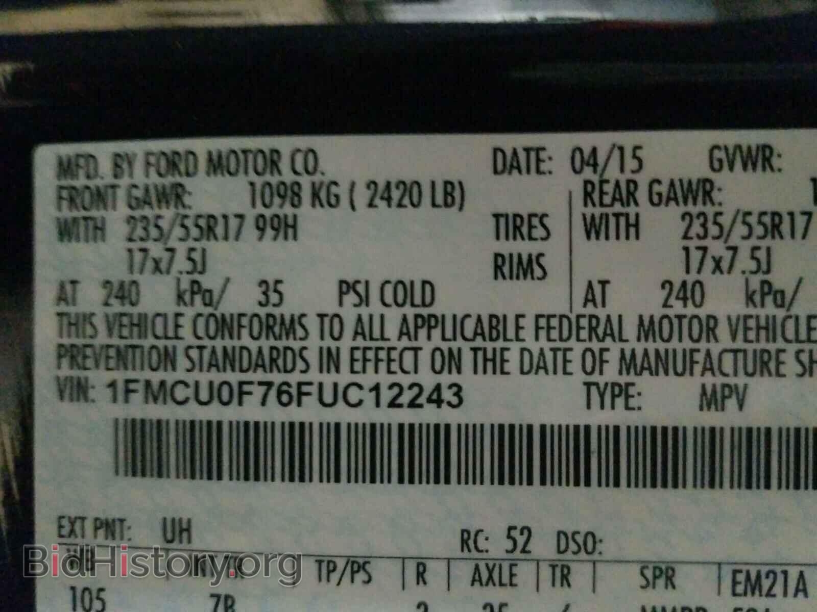 2015 FORD ESCAPE S - VIN: 1FMCU0F76FUC12243 - Фото 10