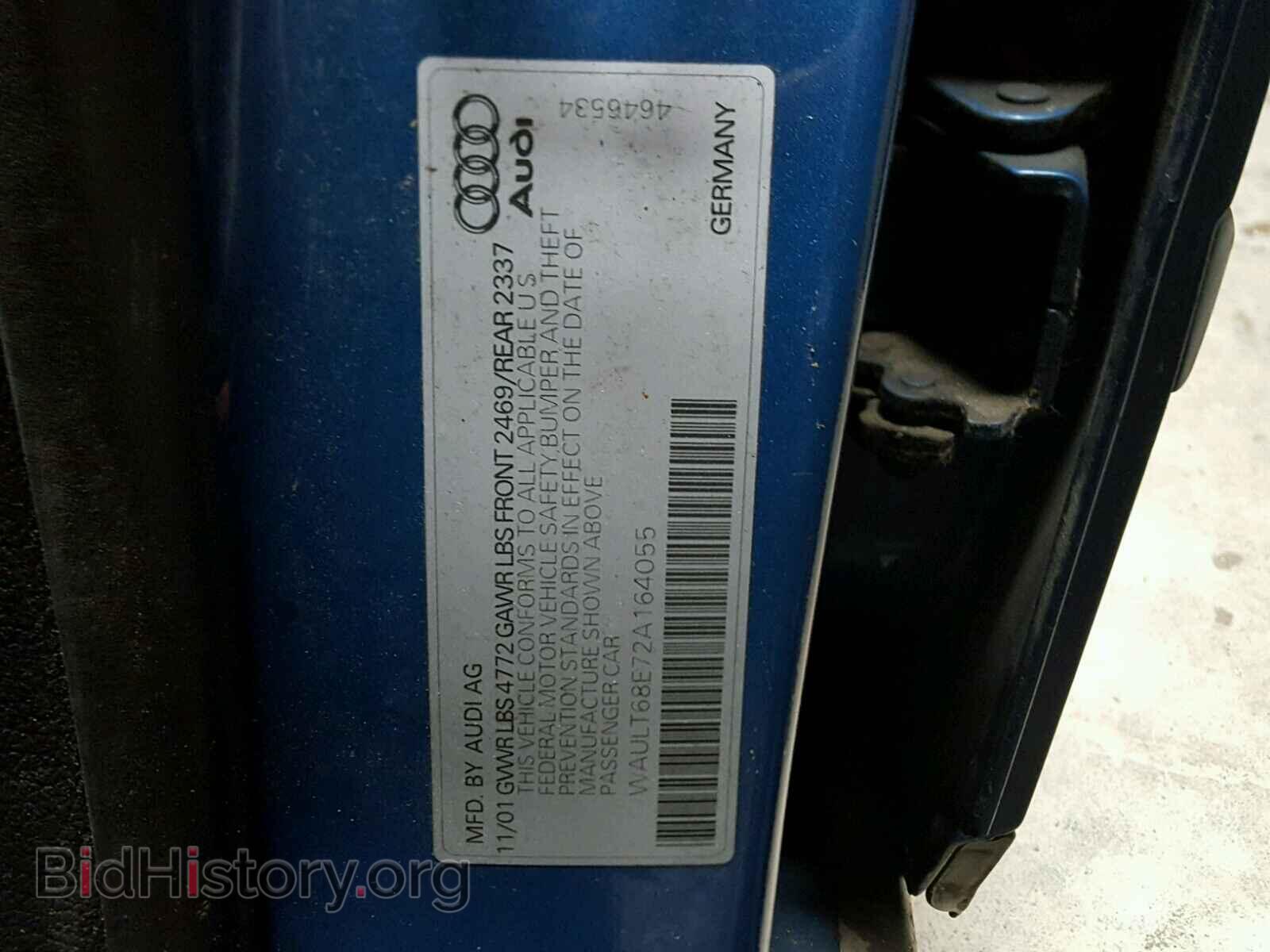 2002 AUDI A4 - VIN: WAULT68E72A164055 - Фото 10