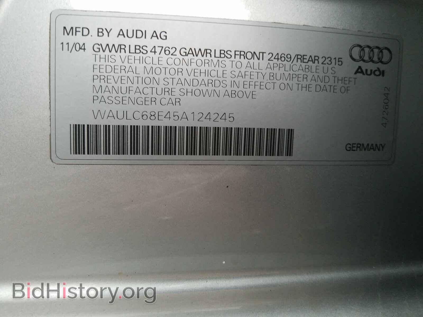 2005 AUDI A4 - VIN: WAULC68E45A124245 - Фото 10