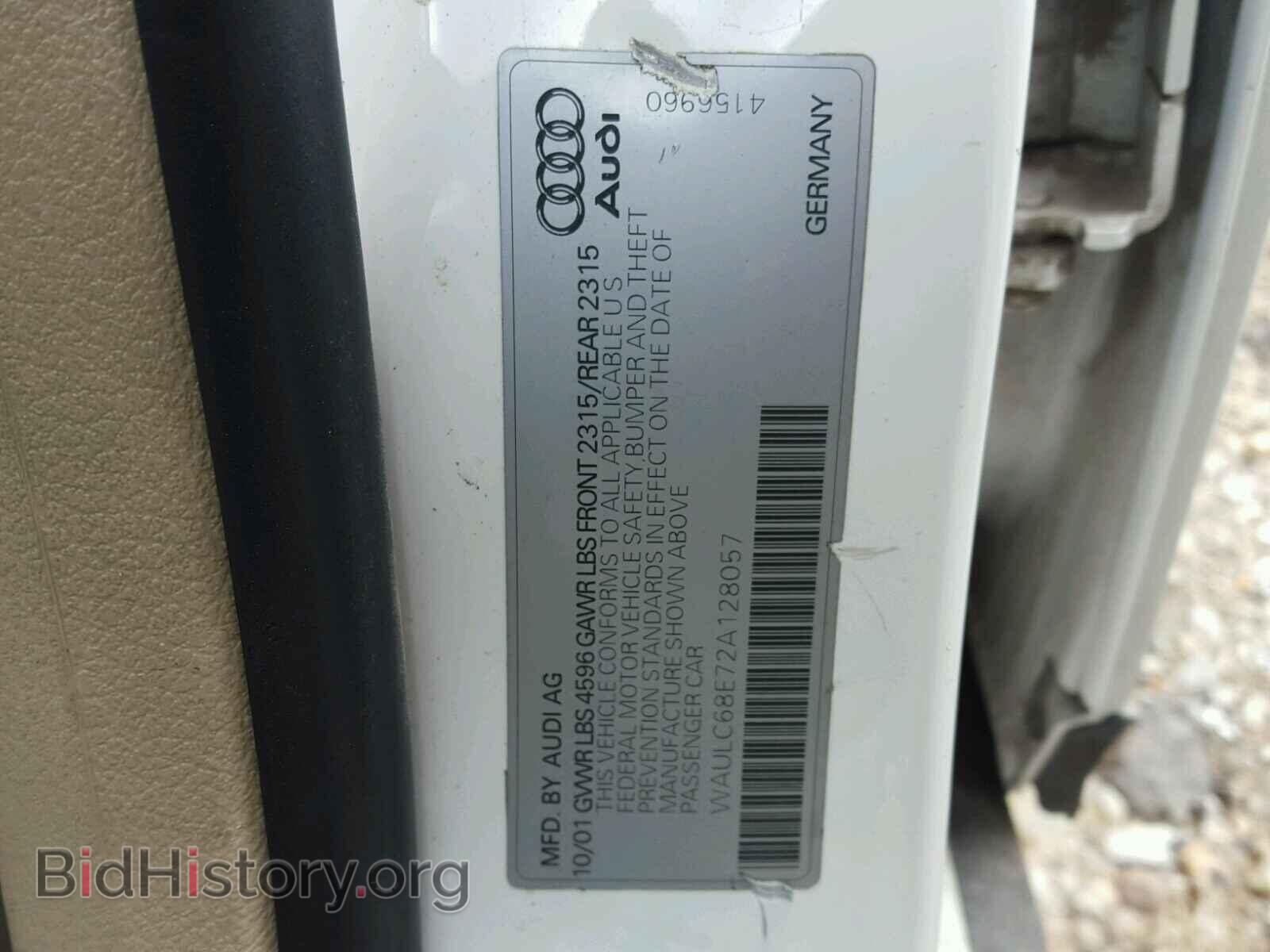 2002 AUDI A4 - VIN: WAULC68E72A128057 - Фото 10
