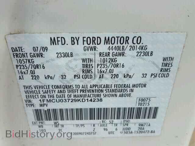 2009 FORD ESCAPE - VIN: 1FMCU03729KD14238 - Фото 10