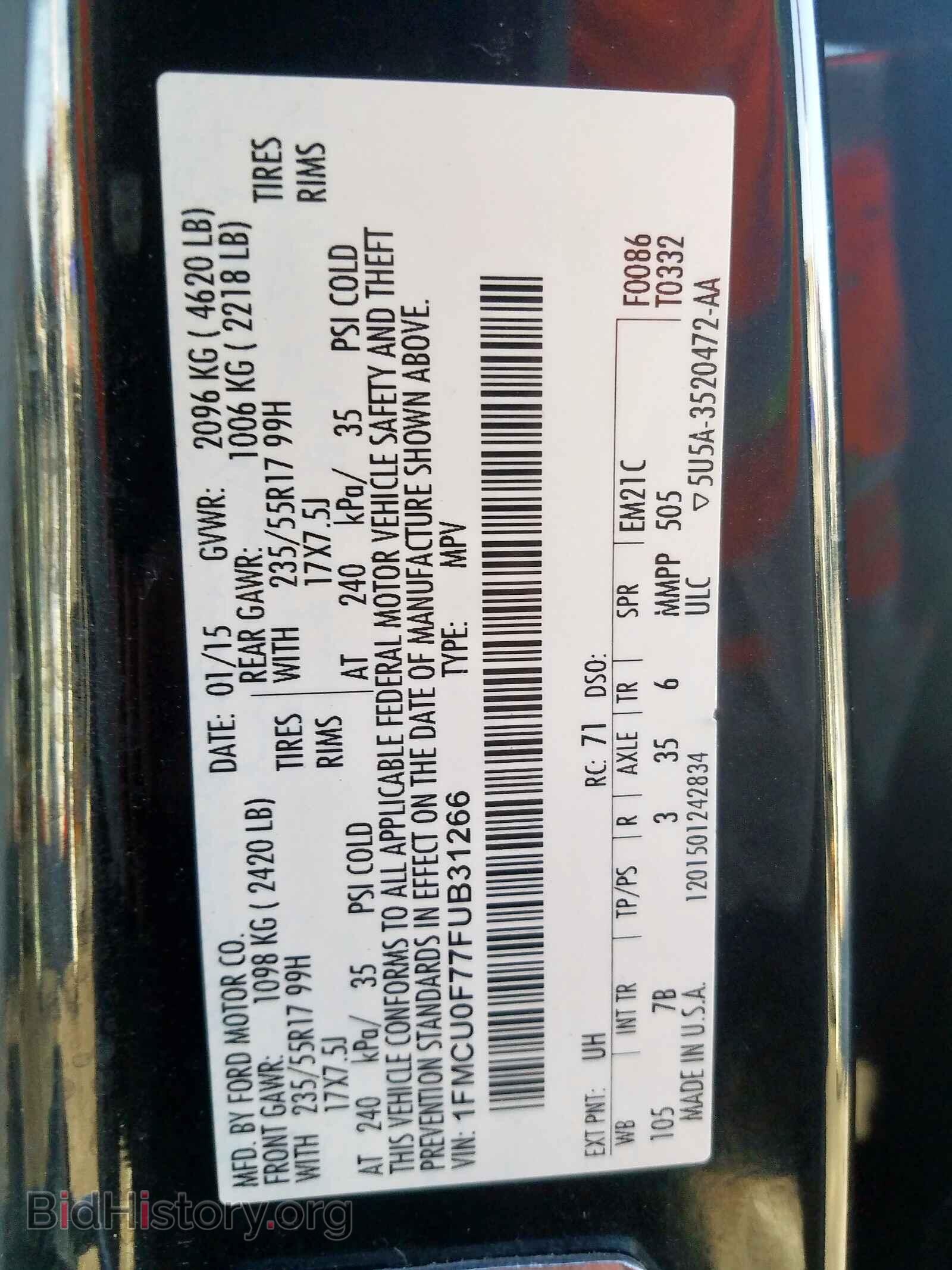 2015 FORD ESCAPE - VIN: 1FMCU0F77FUB31266 - Фото 10