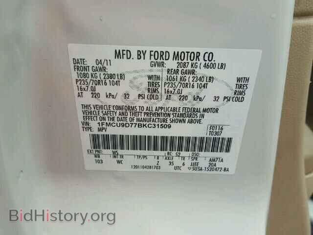 2011 FORD ESCAPE - VIN: 1FMCU9D77BKC31509 - Фото 10