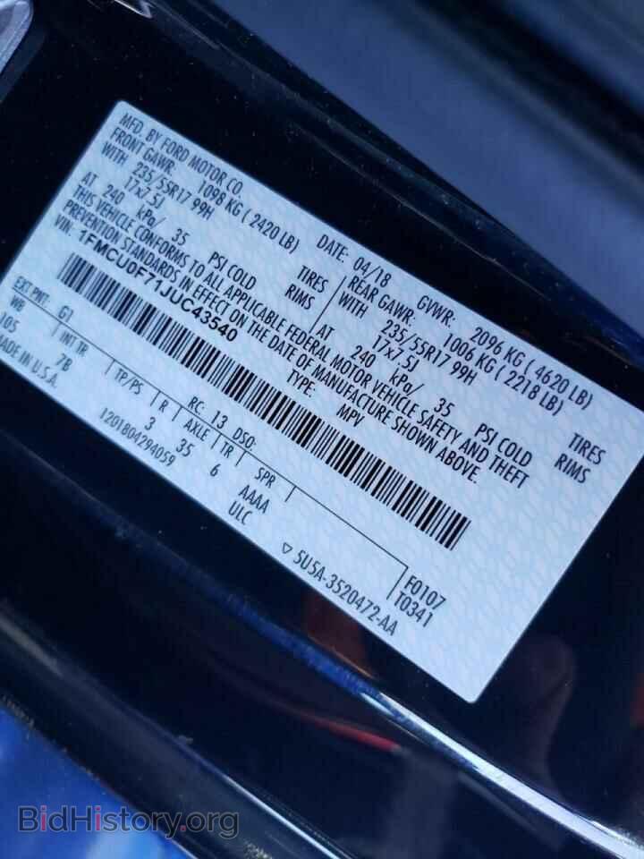 2018 FORD ESCAPE - VIN: 1FMCU0F71JUC43540 - Фото 10