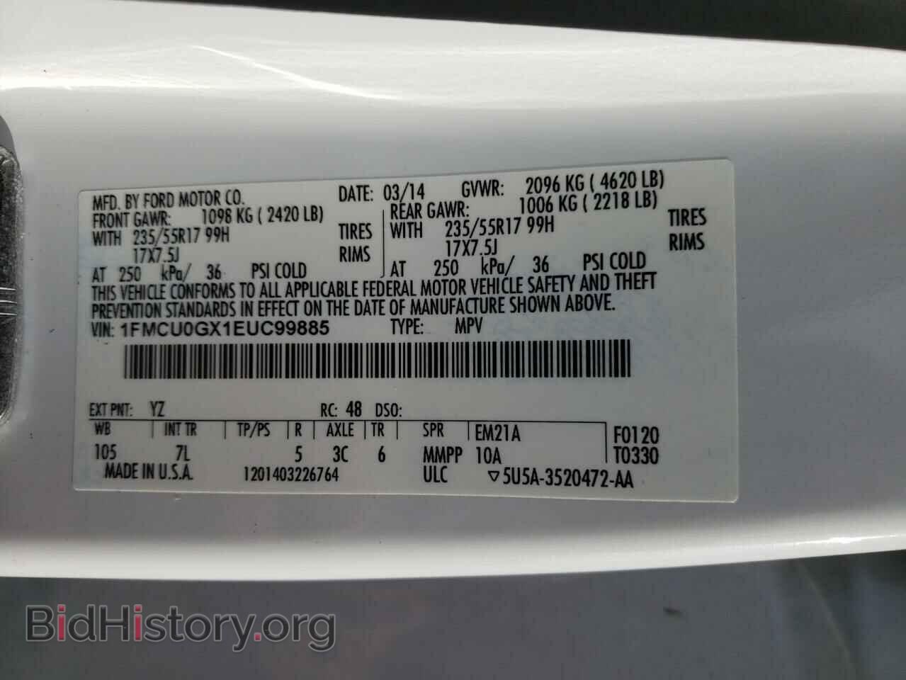 2014 FORD ESCAPE - VIN: 1FMCU0GX1EUC99885 - Фото 10