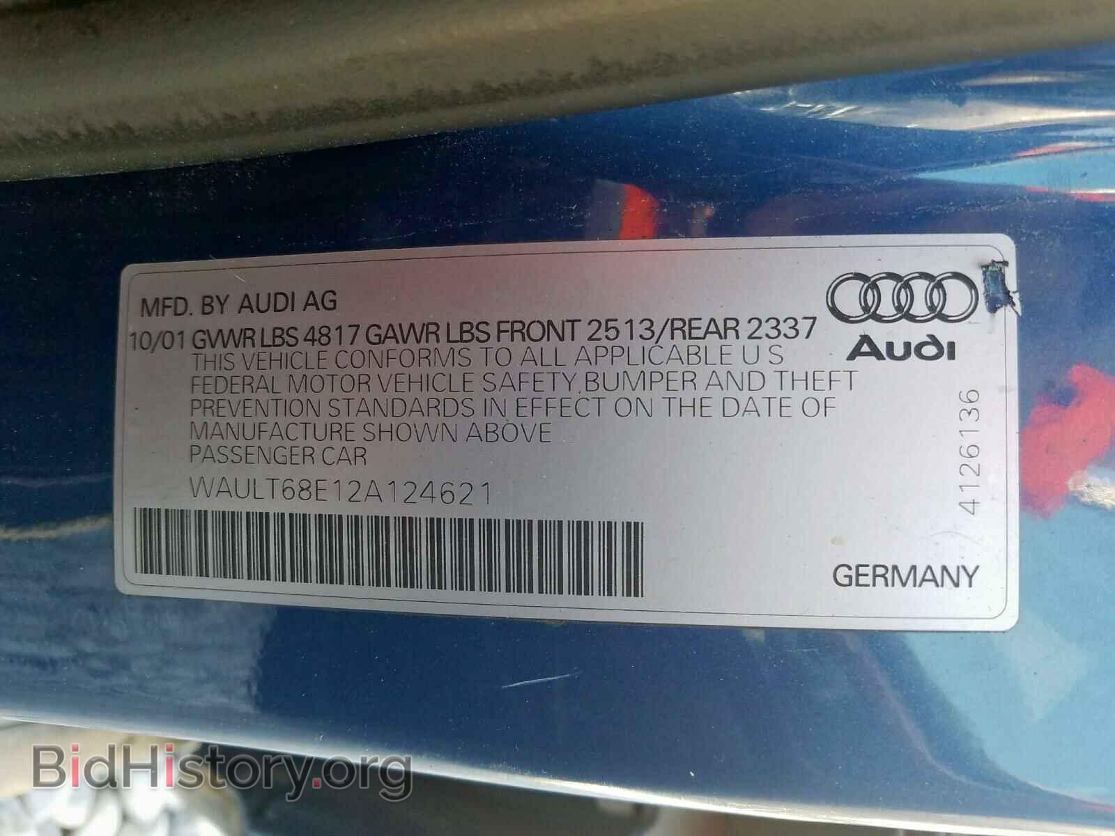 2002 AUDI A4 - VIN: WAULT68E12A124621 - Фото 10