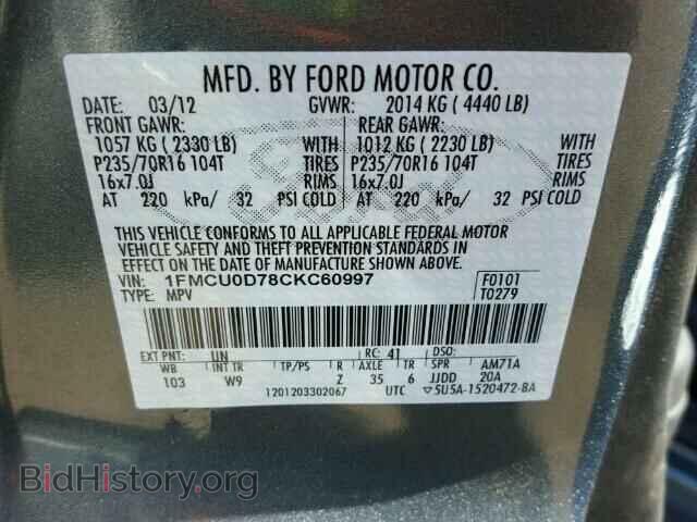 2012 FORD ESCAPE - VIN: 1FMCU0D78CKC60997 - Фото 10