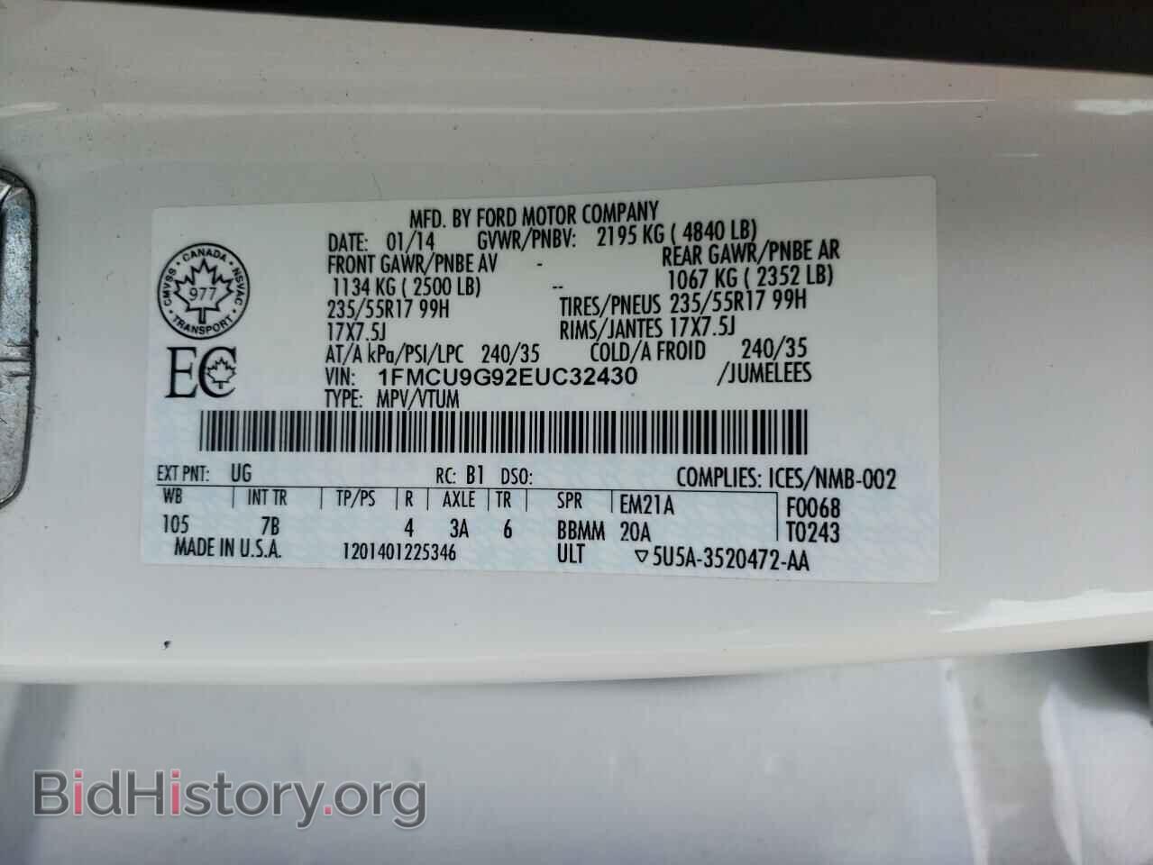 2014 FORD ESCAPE - VIN: 1FMCU9G92EUC32430 - Фото 10