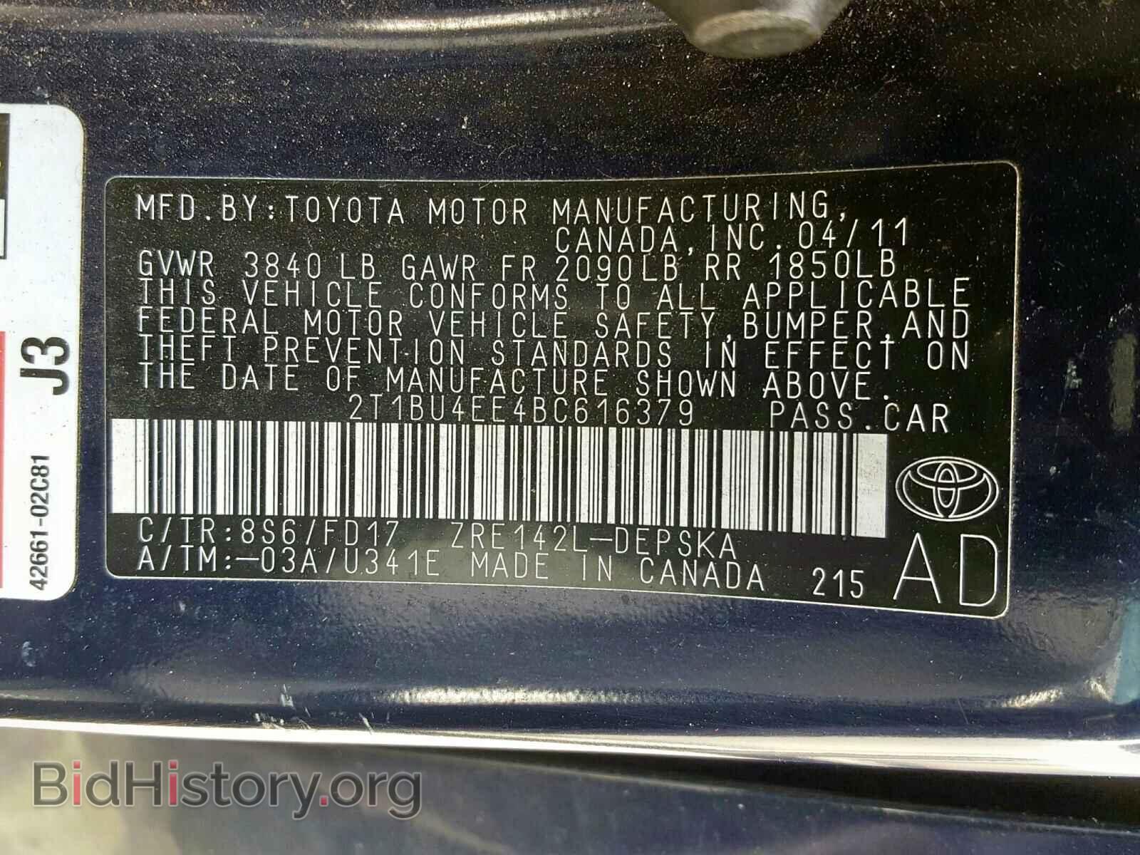 2011 TOYOTA COROLLA - VIN: 2T1BU4EE4BC616379 - Фото 10