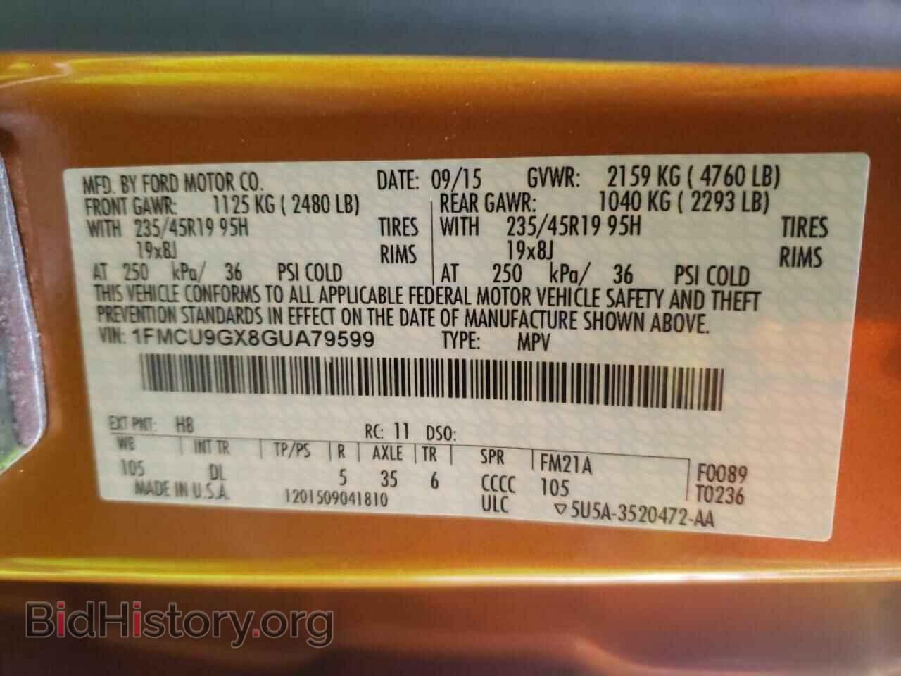 2016 FORD ESCAPE - VIN: 1FMCU9GX8GUA79599 - Фото 10