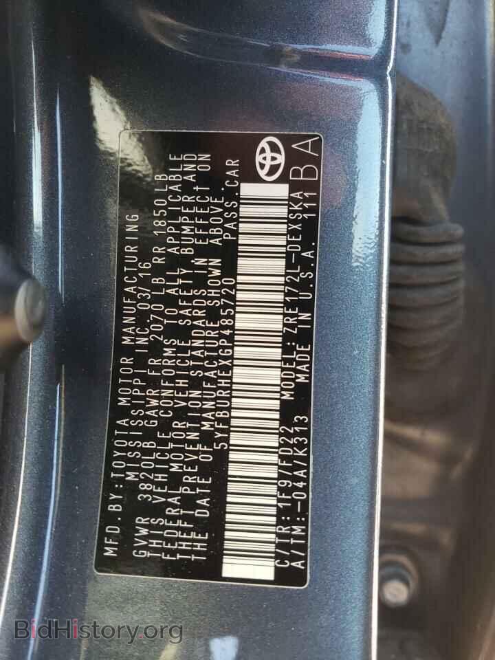 2016 TOYOTA COROLLA - VIN: 5YFBURHEXGP485720 - Фото 10