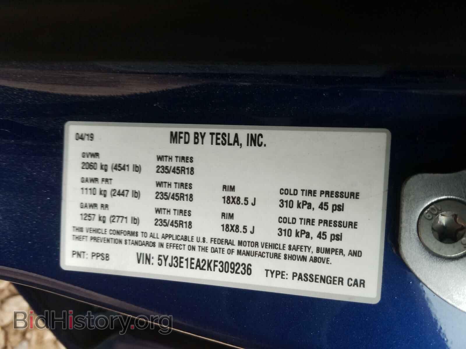2019 TESLA MODEL 3 - VIN: 5YJ3E1EA2KF309236 - Фото 10