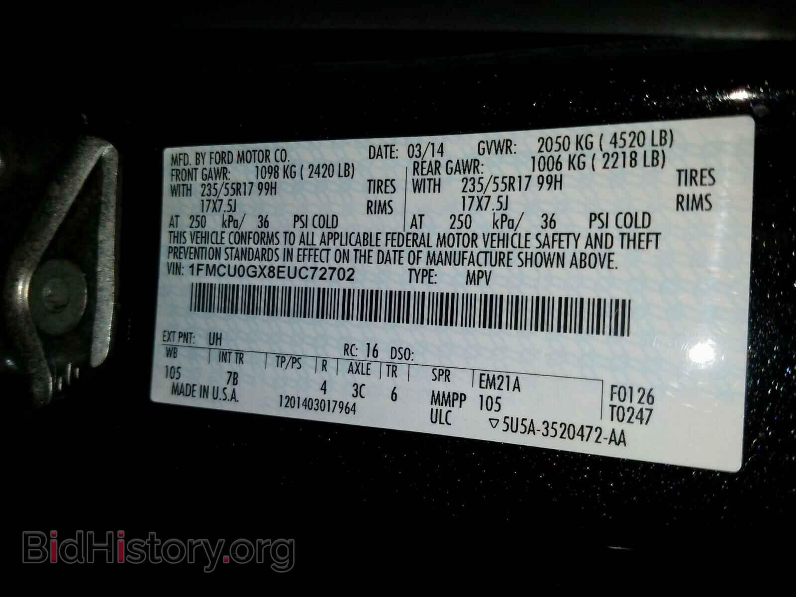 2014 FORD ESCAPE - VIN: 1FMCU0GX8EUC72702 - Фото 10