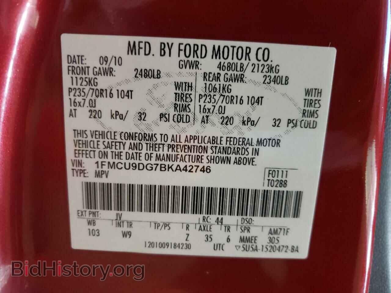 2011 FORD ESCAPE - VIN: 1FMCU9DG7BKA42746 - Фото 10