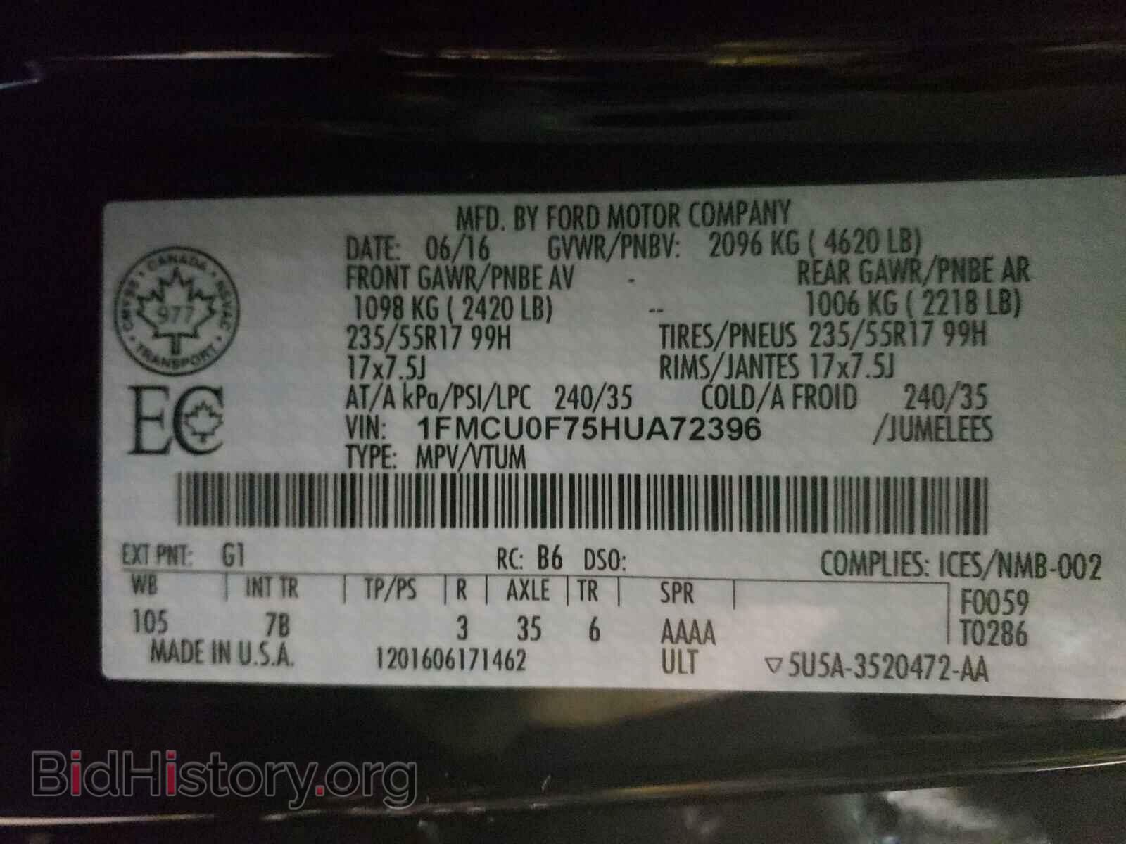 2017 FORD ESCAPE - VIN: 1FMCU0F75HUA72396 - Фото 10