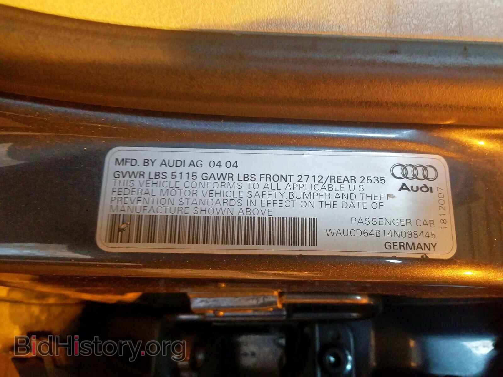 2004 AUDI A6 - VIN: WAUCD64B14N098445 - Фото 10