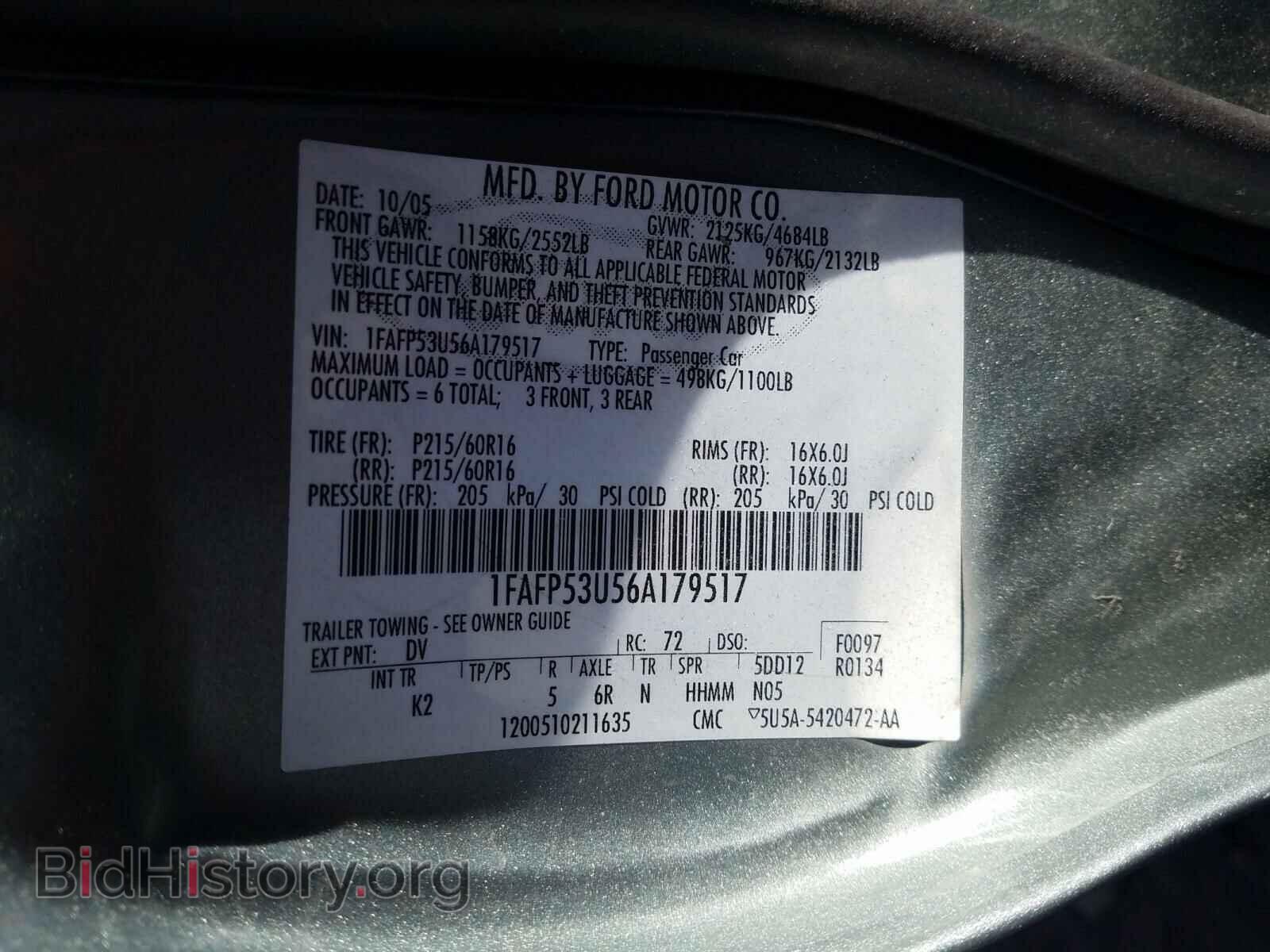 2006 FORD TAURUS - VIN: 1FAFP53U56A179517 - Фото 10