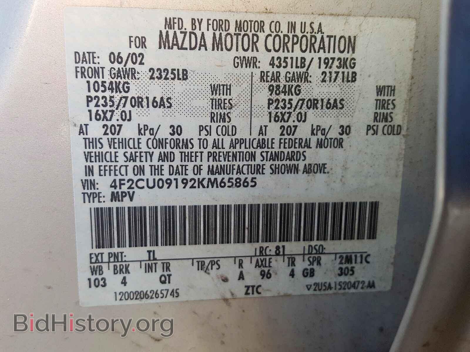 2002 MAZDA TRIBUTE - VIN: 4F2CU09192KM65865 - Фото 10