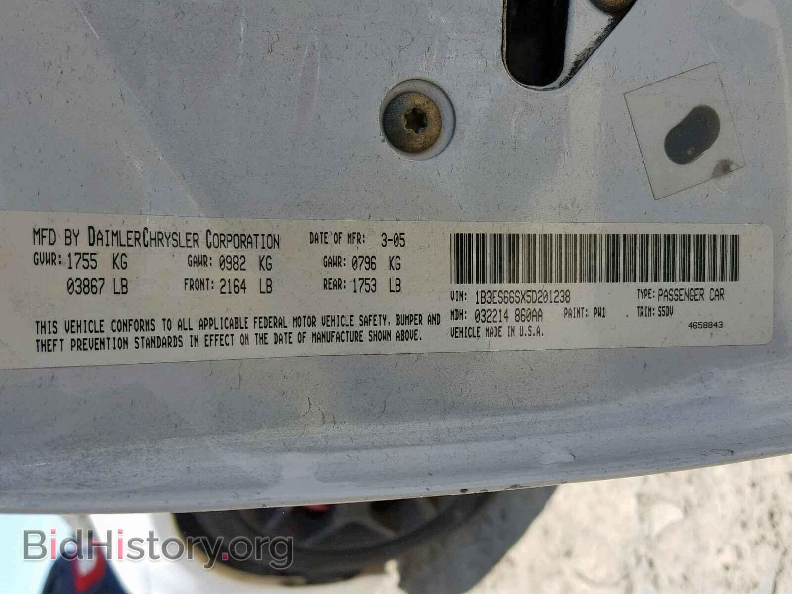 2005 DODGE NEON - VIN: 1B3ES66SX5D201238 - Фото 10
