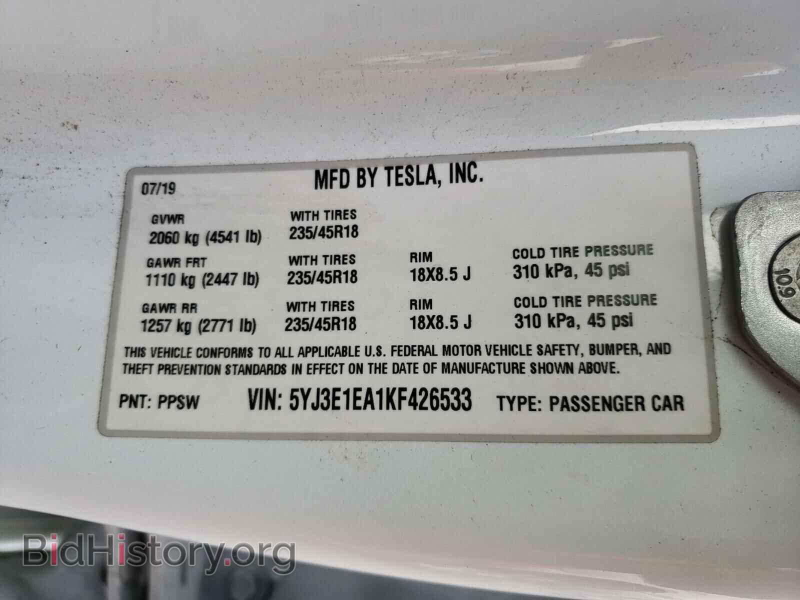2019 TESLA MODEL 3 - VIN: 5YJ3E1EA1KF426533 - Photo 10