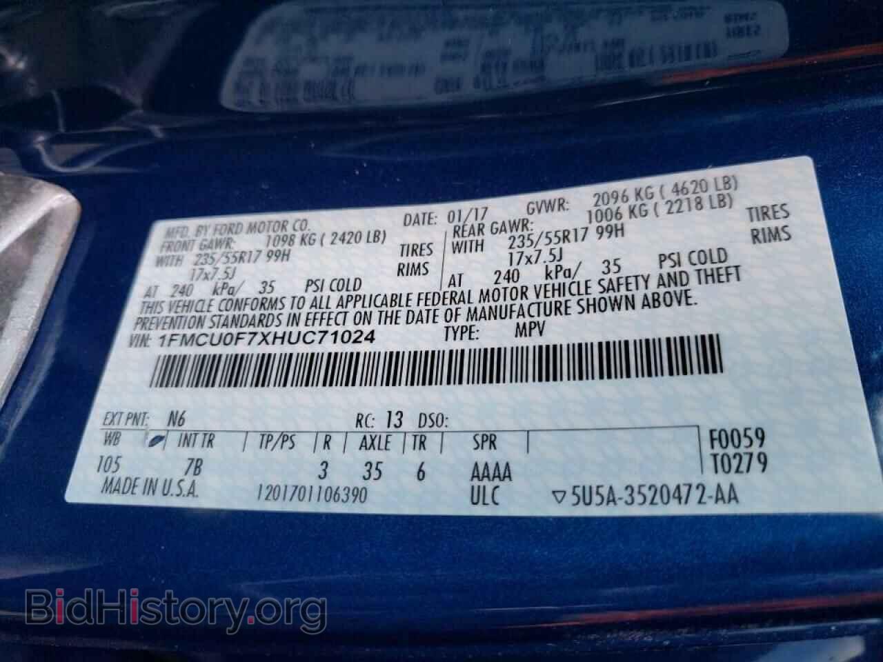 2017 FORD ESCAPE - VIN: 1FMCU0F7XHUC71024 - Фото 10