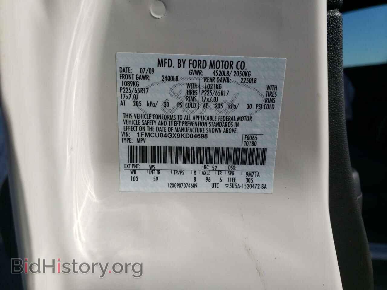 2009 FORD ESCAPE - VIN: 1FMCU04GX9KD04698 - Фото 10