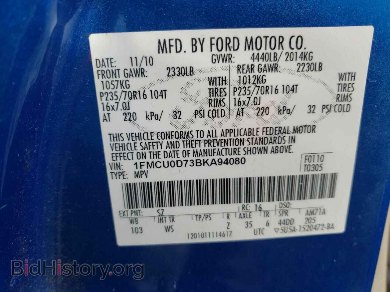 2011 FORD ESCAPE - VIN: 1FMCU0D73BKA94080 - Фото 10